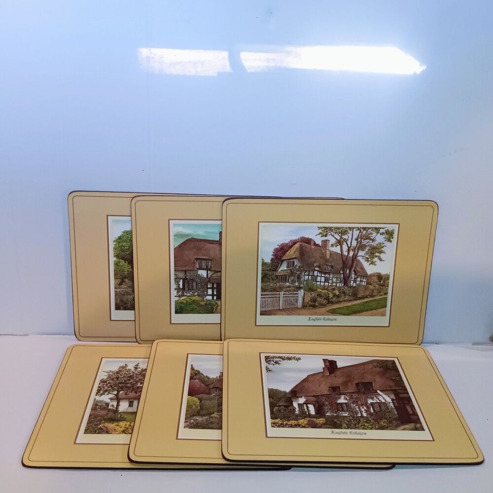 Vtg Pimpernel English Cottages Placemats Set Of 6-Cork Backed-Lacquer-1970s